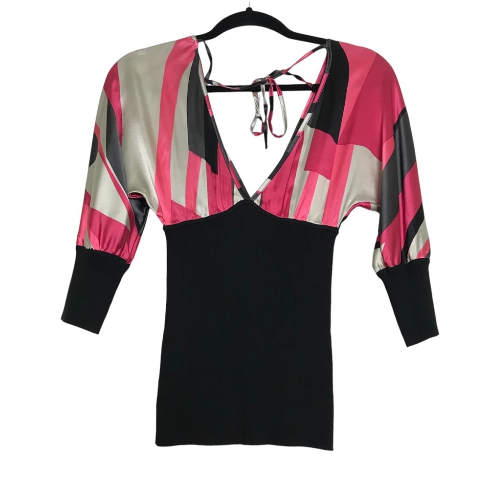 Bebe Womens Y2K Fairy Silk Abstract Print Ribbed Babydoll Top Small Pink Black